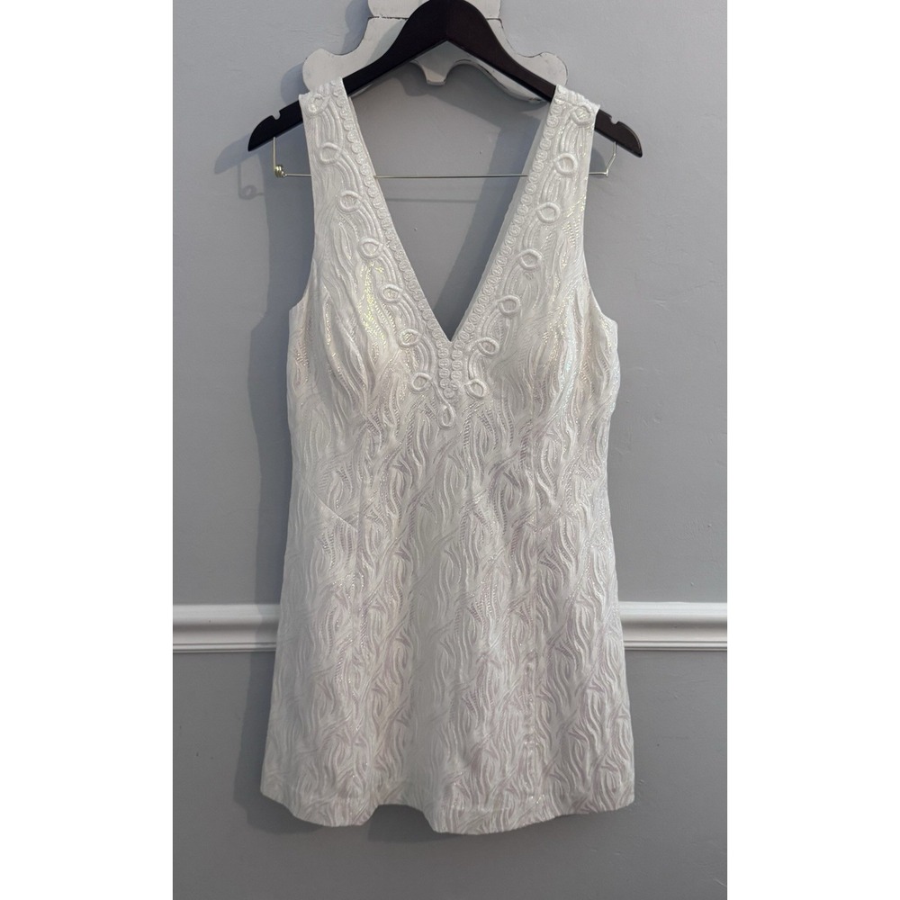 NWT Lilly Pulitzer Brynn Dress Iridescent Water Jacquard White V-Neck Size 14